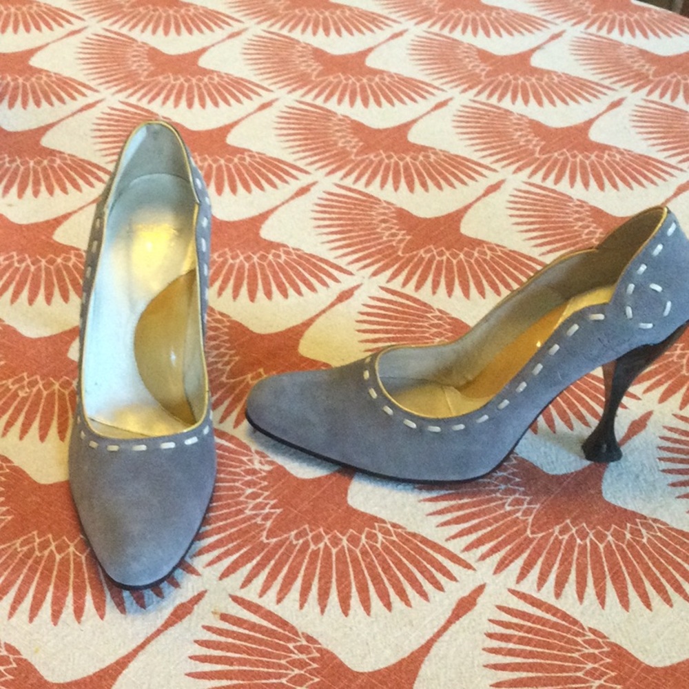 John Fluevog Grey Suede Pumps